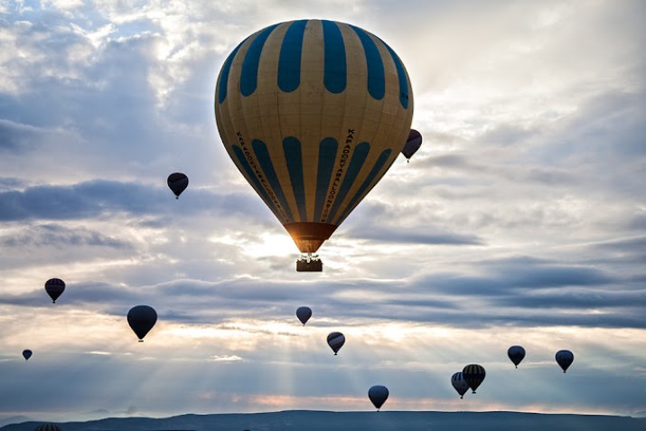 Experience a magical Turkey balloon ride in Cappadocia, soaring above fairy chimneys and valleys, witnessing breathtaking views in the morning sky